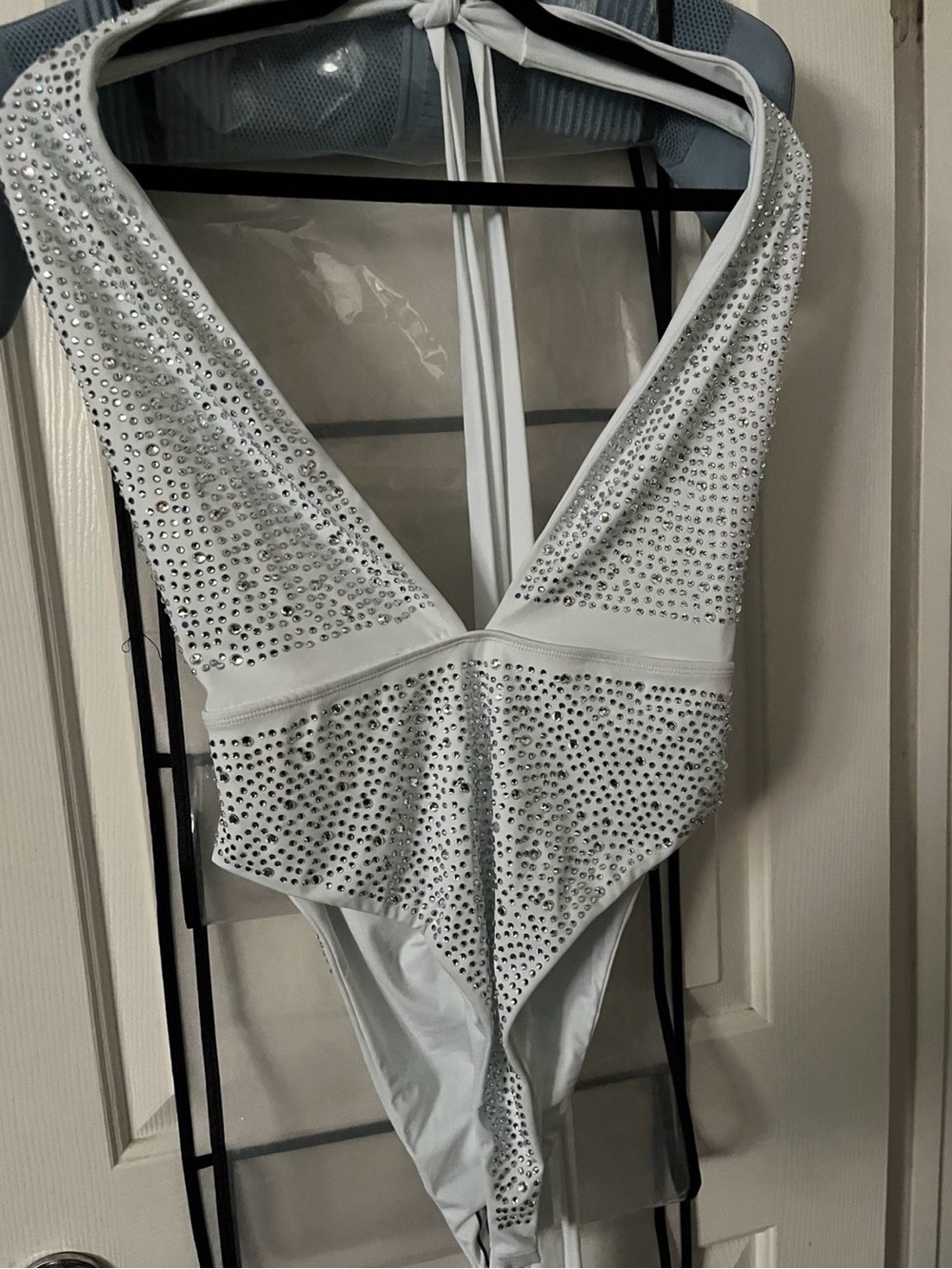 White Rhinestone Embellished One-Piece bodysuit